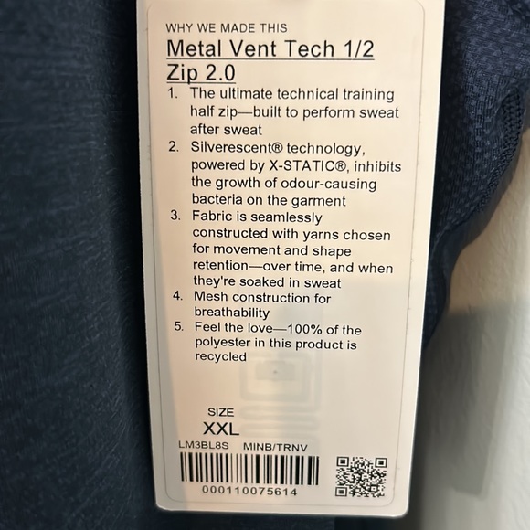 Lululemon, new with tags!! Metal vent tech 1-2 zip 2.0. Size XXL. - Picture 3 of 3
